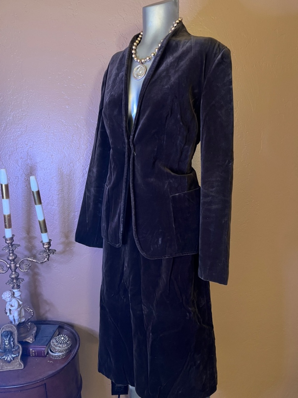 Vintage TanJay Brown Velvet Skirt Suit.  Sz 12